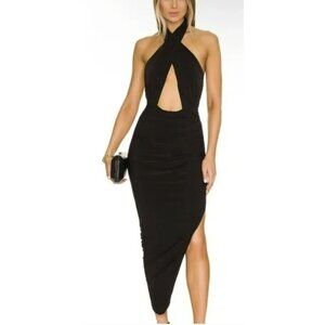 Norma Kamali Cross Halter Side Drape Gown Black Evening Dress NWT
